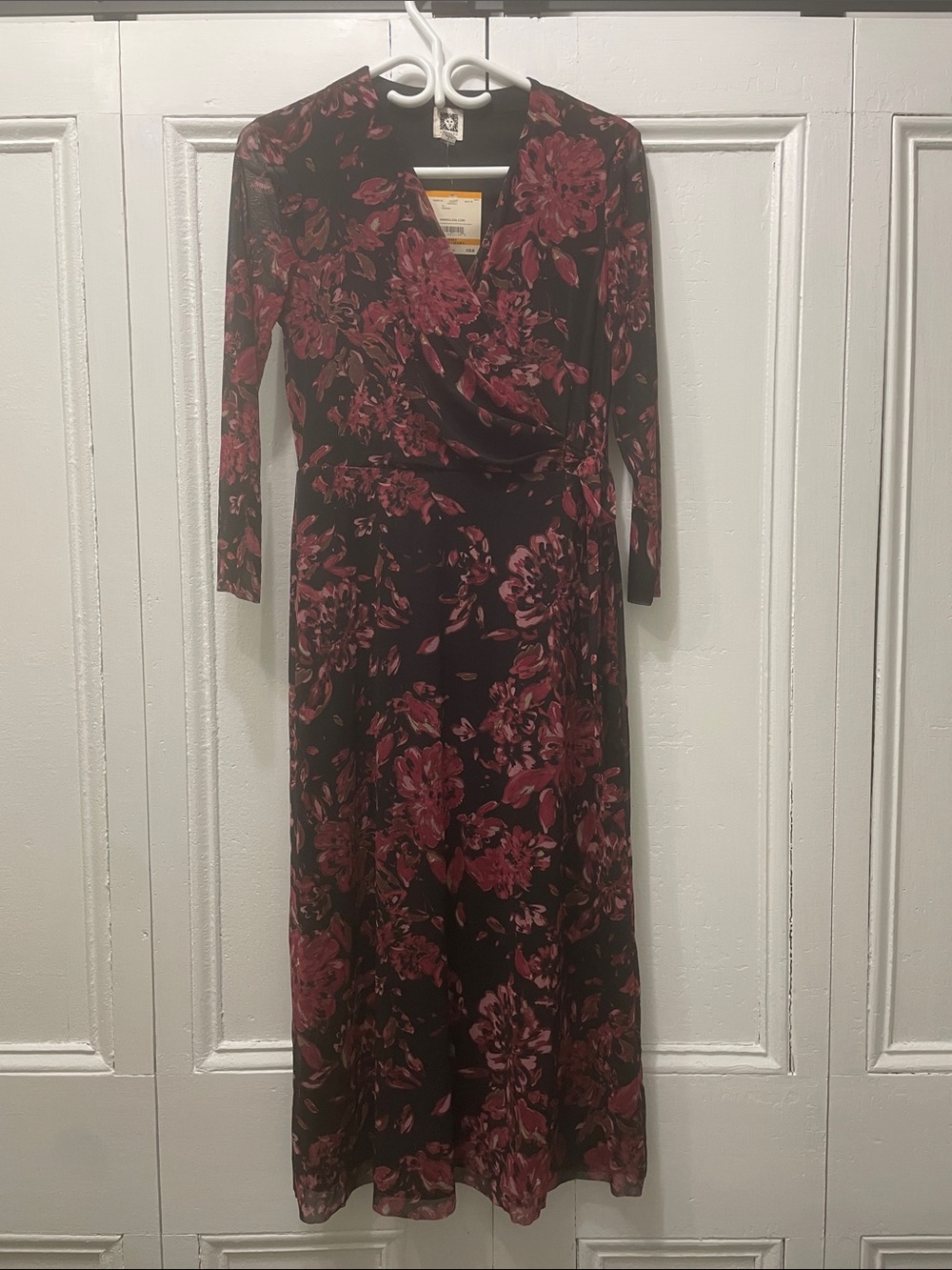 Anne Klein Black Dress with Burgundy Floral Print Mesh Fabric